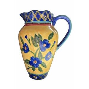 Normandy 10 in Centrum Linda Raffel Scalloped Blue Flowers Pitcher Bees Yellow